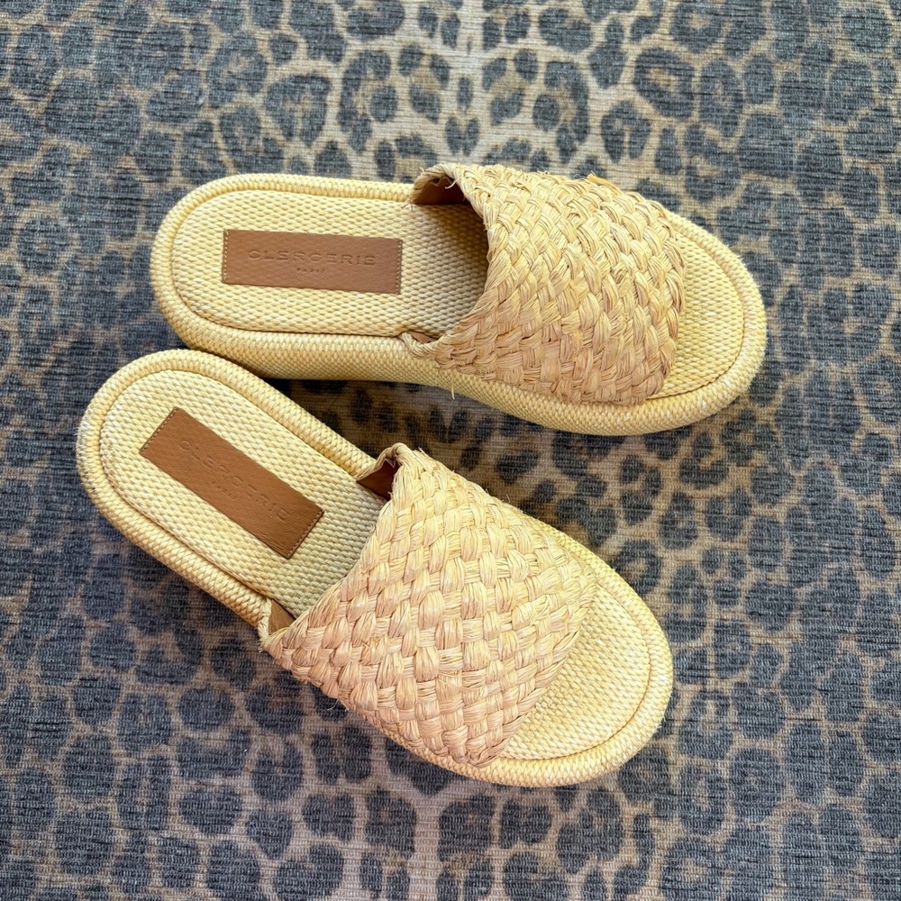 Clergerie Raffia Woven Slide Sandals | Natural Straw Platform Slides Size 39